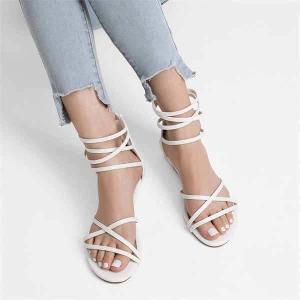 Ankle Strap Classic Low Wedge Sandals - WHITE PU - 2